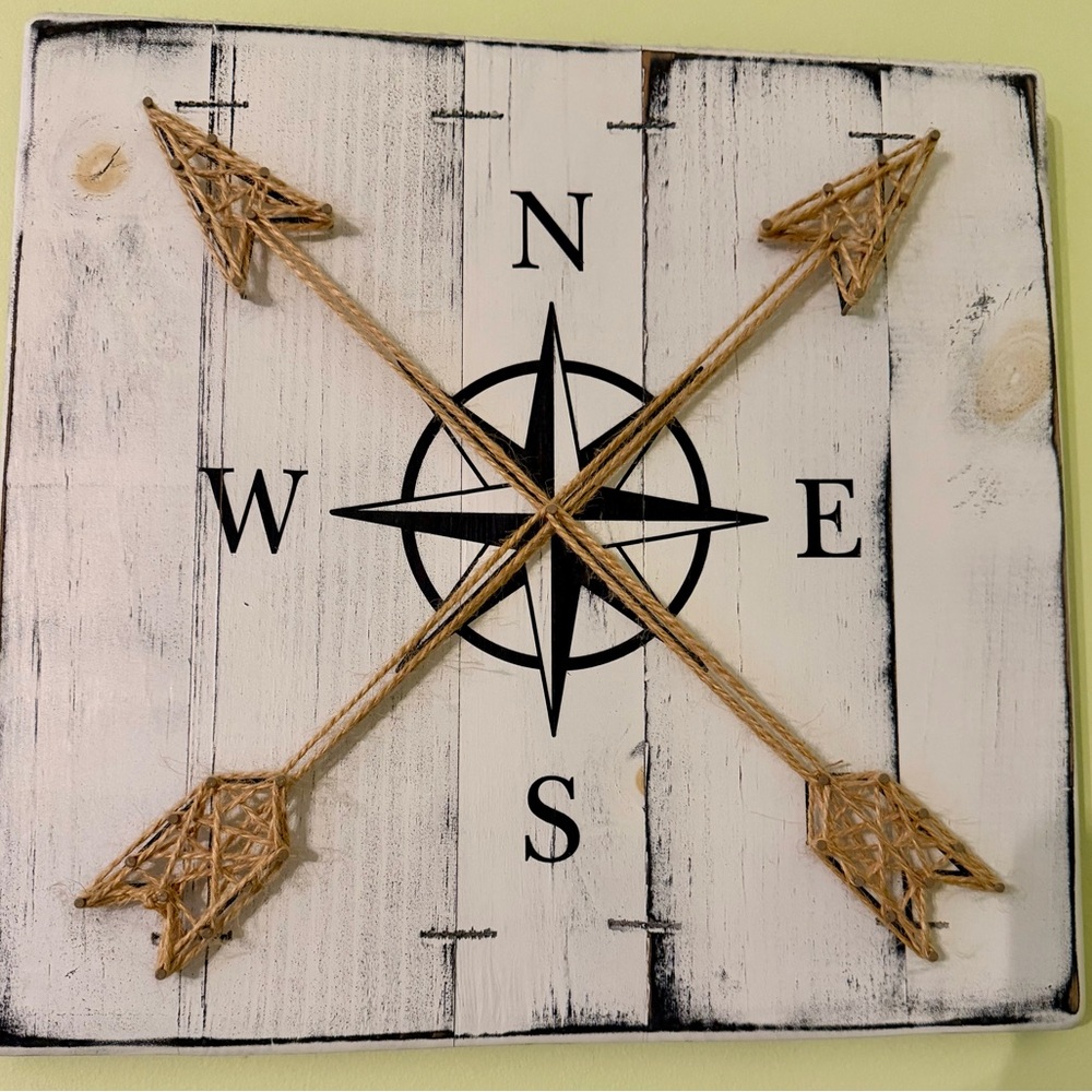 Rustic White Compass Wall Art with Jute Arrow Accents